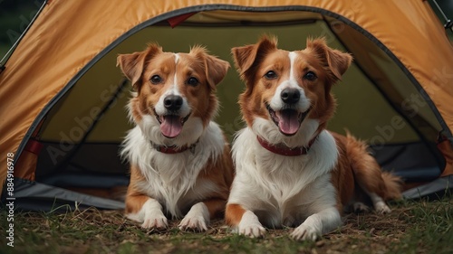 Two dogs in the tent Jack Russell Terrier and Nova Scotia duck tolling Retriever. photo