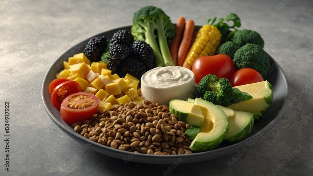 Visual of Flexitarian Diet mix of plantbased foods with occasional animal products Concept Flexitarian Diet, Plant-based Foods, Occasional Animal Products, Balanced Nutrition. Visual of Flexitarian Diet mix of plantbased foods with occasional animal products Concept Flexitarian Diet, Plant-based Foods, Occasional Animal Products, Balanced Nutrition.