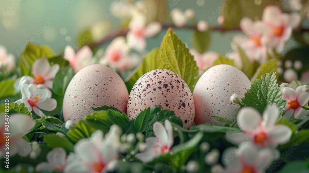 Duck eggs under natural light with a diverse arrangement of leaves and flowers, creating an elegant scene, illustration background Duck eggs under natural light with a diverse arrangement of leaves and flowers, creating an elegant scene, illustration background
