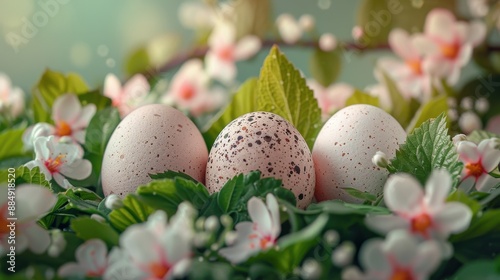 Duck eggs under natural light with a diverse arrangement of leaves and flowers, creating an elegant scene, illustration background
