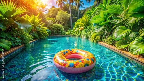 Vibrant summer scene featuring a colorful swimming ring floating in a tranquil pool, surrounded by tropical foliage, evoking joy and excitement of a sunny vacation. photo