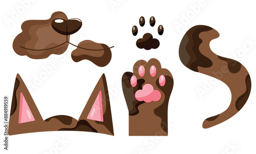 icons with parts of a brown cat, namely ears, tail, paws and face, cats day icons, for various designs, patterns or packaging