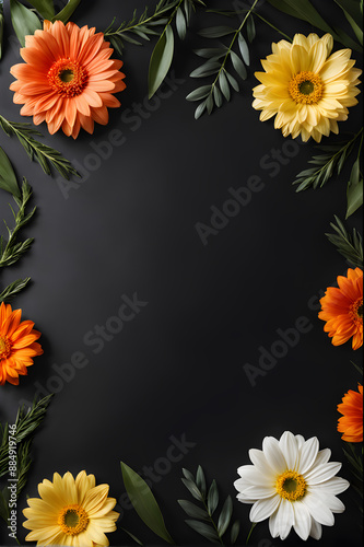Wallpaper Mural Flowers composition. Frame made of flowers on black background. Flat lay, top view, copy space Torontodigital.ca
