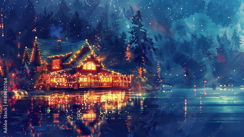 Fototapeta premium A secluded wooden cabin brightly decorated with festive holiday string lights sits beside a still lake, perfect for seasonal advertising banners or greeting cards.