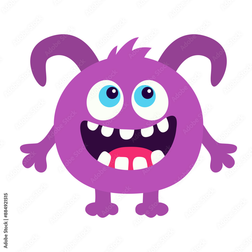 Fototapeta premium Little monster. Happy Halloween. Cartoon kawaii funny baby character. Cute violet monsters silhouette icon. Horns, eyes, smiling face, teeth, hands. Childish style. Flat design White background Vector