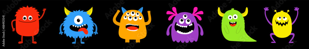 Six colorful monster icon set line. Happy Halloween. Cute cartoon kawaii funny baby character. Eyes, horns, fang teeth, hands, tongue. Childish style. Sticker print Flat design Black background Vector