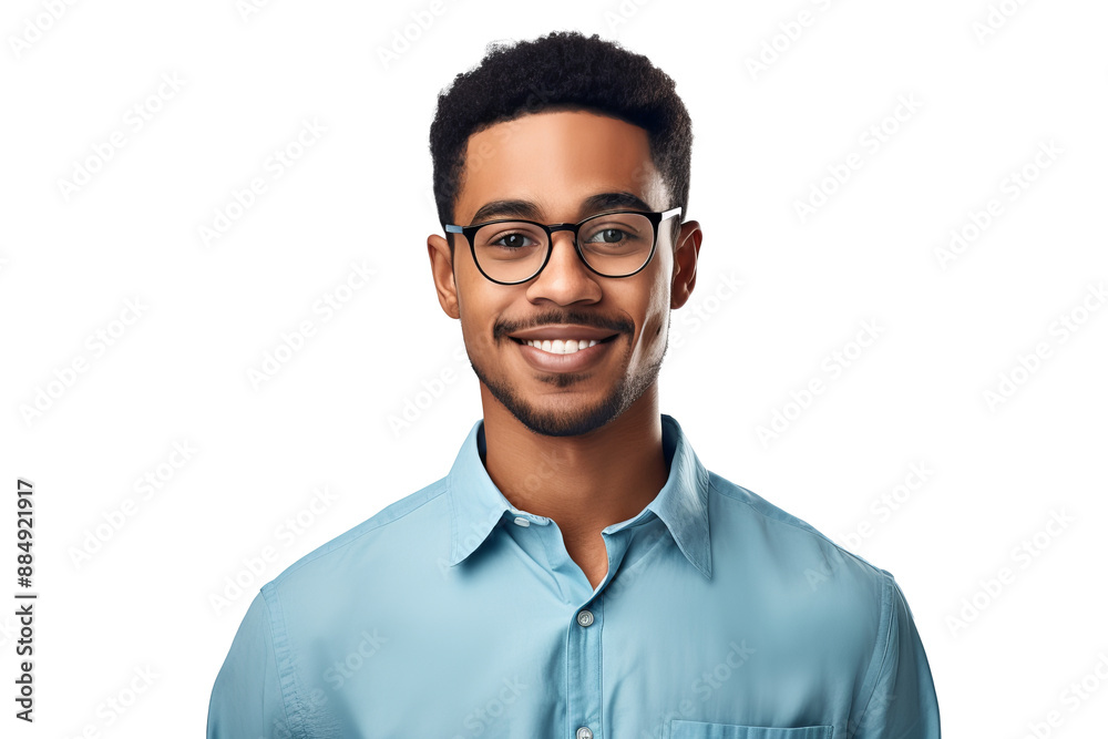 Confident African American man with eyeglasses in blue shirt on transparent background for business profiles, diversity projects, and advertising campaigns Confident African American man with eyeglasses in blue shirt on transparent background for business profiles, diversity projects, and advertising campaigns