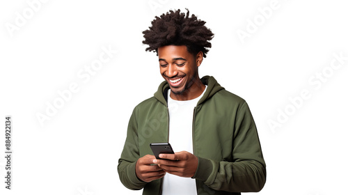 Handsome young black man holding a phone portrait, isolated on transparent background photo