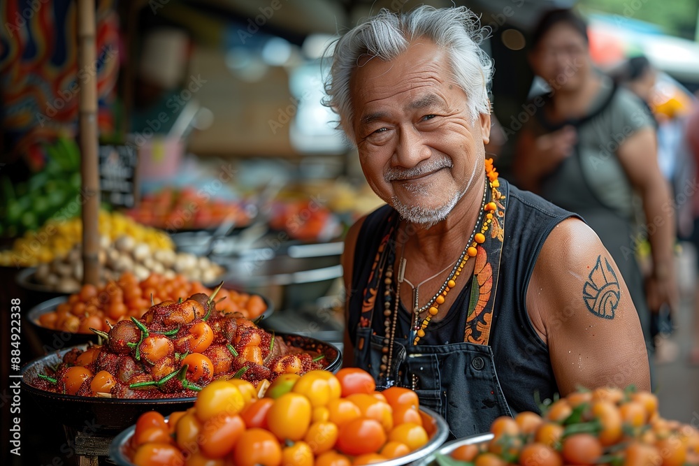 Happy Senior Tourist Enjoying Street Food in Bangkok Happy Senior Tourist Enjoying Street Food in Bangkok