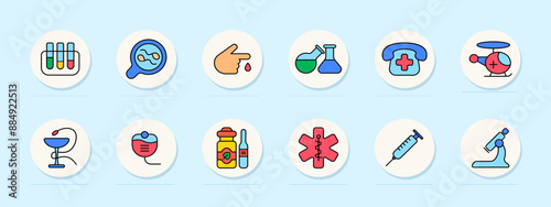 Medical set icon. Test tubes, analysis, blood drop, lab flasks, medical call, emergency helicopter, medical symbol, pharmacy, medication, bandage, injection, microscope, healthcare, science, research