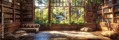 Cozy sunlit home library with large windows, bookshelves, and comfortable seating. Tranquil reading space filled with natural light.