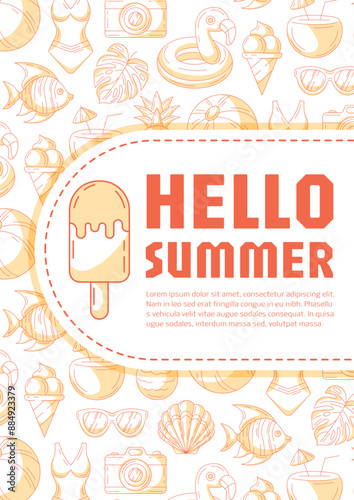 Summer beach vertical poster a4, vector orange modern minimalist design with seasonal line icons pattern, space for text. For banner, book cover, notebook, card, invitation, advertising or planner