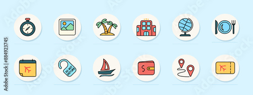 Travel set icon. Compass, photo, beach, hotel, globe, dining, boarding pass, do not disturb sign, sailboat, wallet, route, ticket, vacation, tourism, travel, adventure, journey.