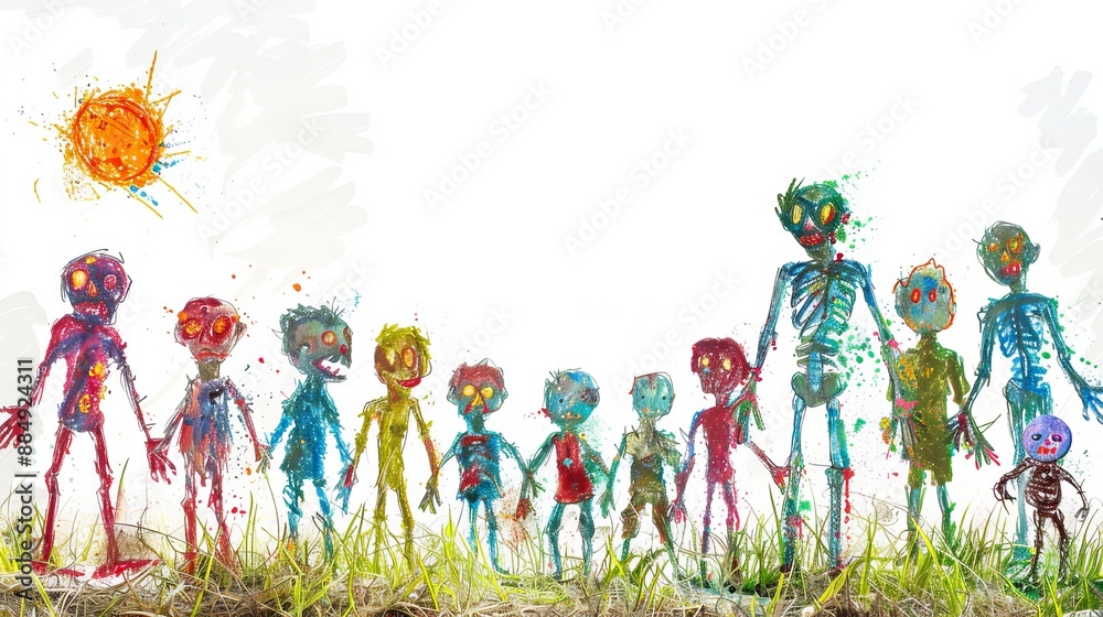 Fototapeta premium Colorful Zombie Family Standing in Grass