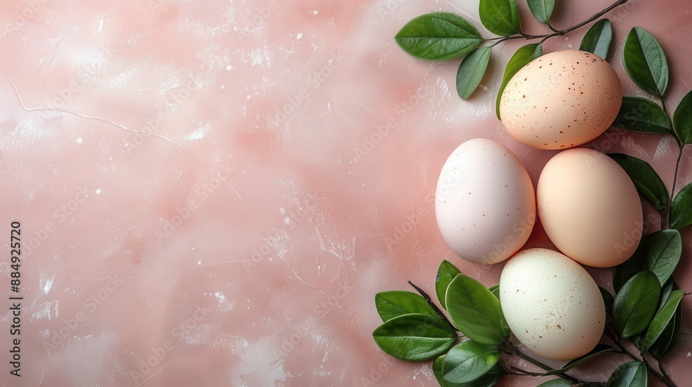 Soft-colored background with chicken eggs on the right, arranged with branches and leaves for natural beauty Soft-colored background with chicken eggs on the right, arranged with branches and leaves for natural beauty