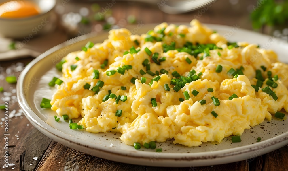 a plate of scrambled eggs with chives, Generative AI a plate of scrambled eggs with chives, Generative AI