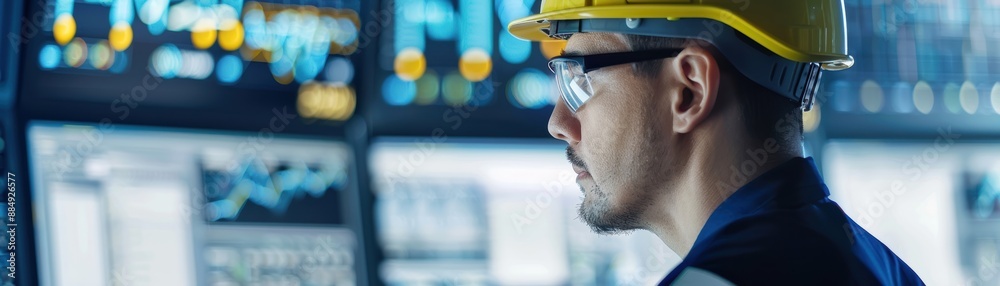 Engineer in safety gear in control room, advanced clean energy systems, grid management Engineer in safety gear in control room, advanced clean energy systems, grid management