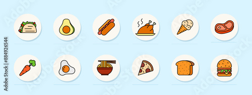 Food set icon. Taco, avocado, hot dog, roasted chicken, ice cream, steak, carrot, fried egg, ramen, pizza, bread, burger, cuisine, meal, snack, delicious, taste, culinary, nutrition.