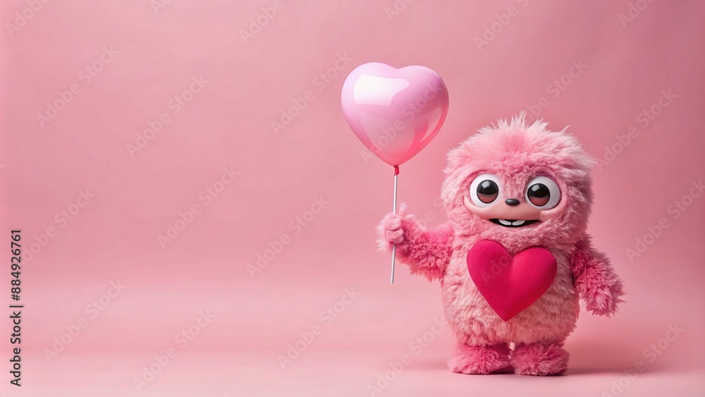 Cute funny pink monster holding a balloon, fun love, with copy space
Cute funny pink monster holding a balloon, fun love, with copy space