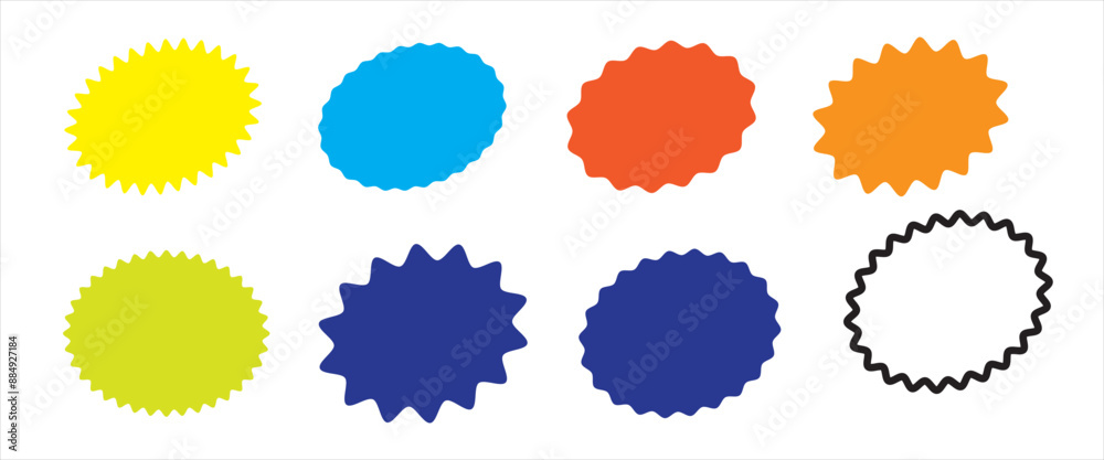 Set of black price sticker, sale or discount sticker, sunburst badges icon. Star shape with different number of rays. Special offer price tag. Starbrust collection. Isolated on white background. Set of black price sticker, sale or discount sticker, sunburst badges icon. Star shape with different number of rays. Special offer price tag. Starbrust collection. Isolated on white background.