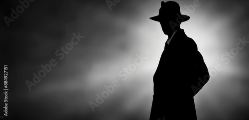 Dark silhouette of man in coat and hat in noir style, reminiscent of detective films ss.