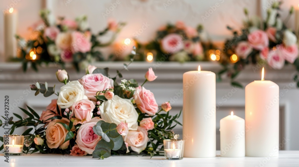 Fototapeta premium Elegant wedding decor with flowers, candles, intimate ambiance, copy space, focus on objects, deep depth of field.