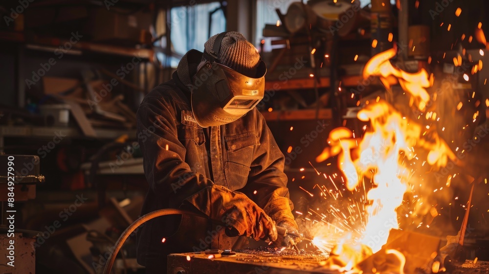 Welding artist at work, producing a bespoke metal sculpture with flames dancing around the workshop, illustrating artistic innovation Welding artist at work, producing a bespoke metal sculpture with flames dancing around the workshop, illustrating artistic innovation