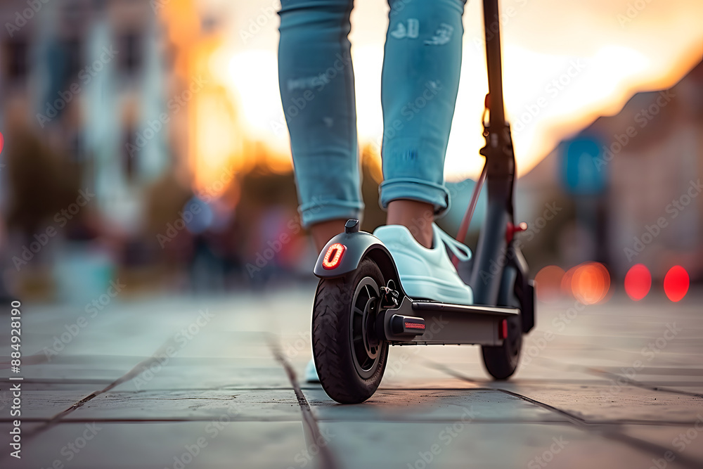 Obraz premium Legs of unrecognizable person with electric kick scooter or e-scooter