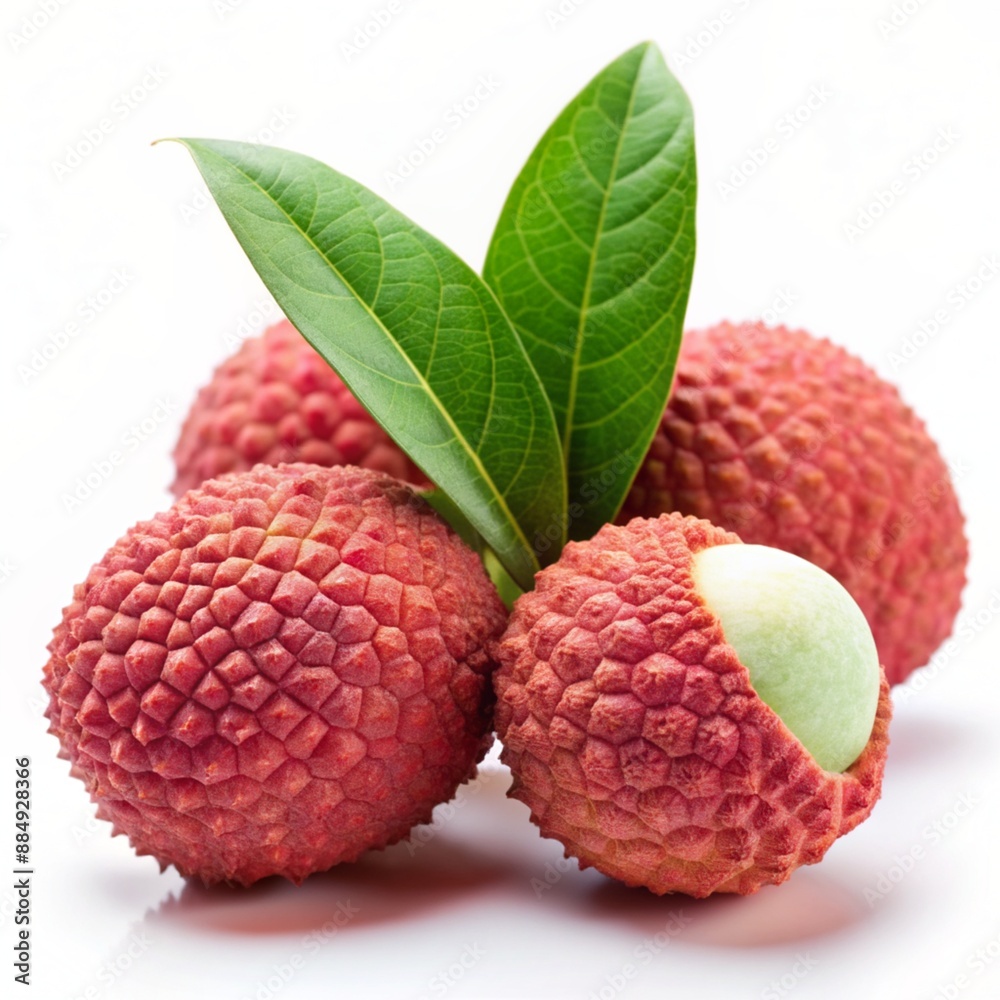Tropical lychee fruit with leaves on transparent background.
Tropical lychee fruit with leaves on transparent background.