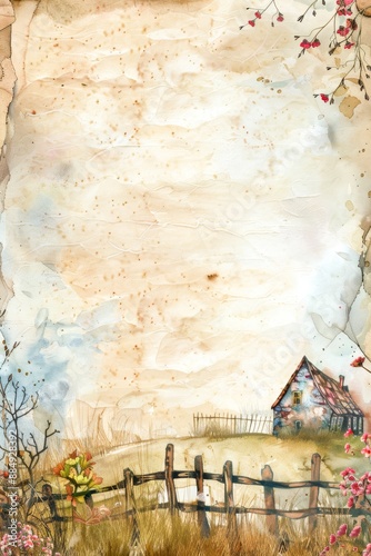 watercolor vintage scrapbook junk journal page, copy space in center, watercolor clipart of fence with cottage house, vines, flowers, grass, on parchment paper, for Junk Journal, Digital Paper