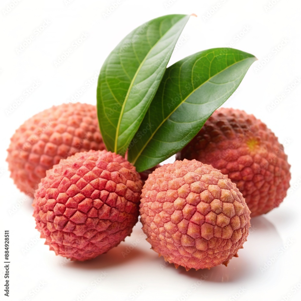 Tropical lychee fruit with leaves on transparent background.
Tropical lychee fruit with leaves on transparent background.