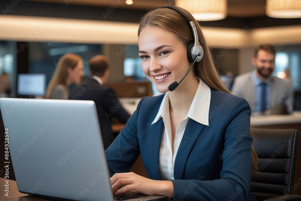 Business people Wearing Telephone Headset Talking To Caller In Customer Services Department Business people Wearing Telephone Headset Talking To Caller In Customer Services Department