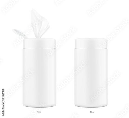 Wet wipes canister open and closed  mockups. Vector illustration isolated on white background. Easy to customise for your product, promo or ad. EPS10.	
