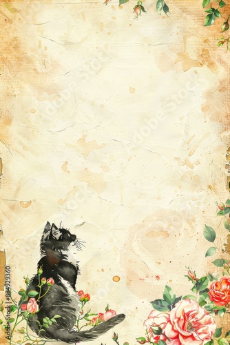 watercolor vintage scrapbook junk journal page, copy space in center, watercolor clipart of Persian Cat in a Rose Garden on bottom of on parchment paper, for Junk Journal, Digital Paper, Printable