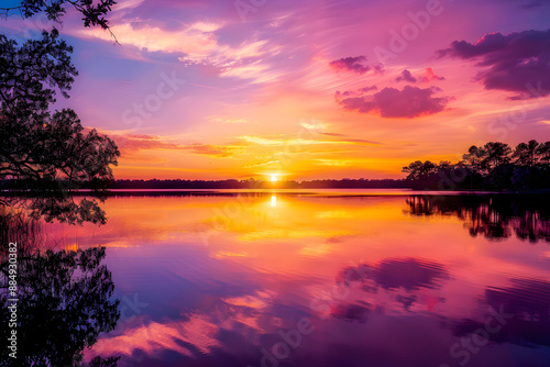 Golden Sunset Serenity Over Tranquil Lake With Reflective Waters and Silhouetted Trees © Catherine