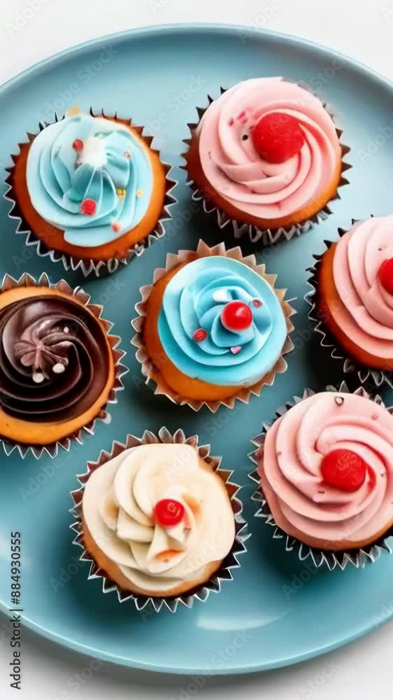 cupcakes top view with colorful icing on a round plate isolated animation - 4k 9x16 vertical new quality stock video footage AI cupcakes top view with colorful icing on a round plate isolated animation - 4k 9x16 vertical new quality stock video footage AI