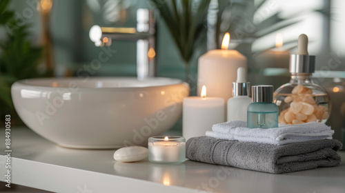Essential spa supplies include:  - Dropper bottles with frosted glass - Candles for a relaxing ambiance - Soft towels for comfort and pampering © Rabil