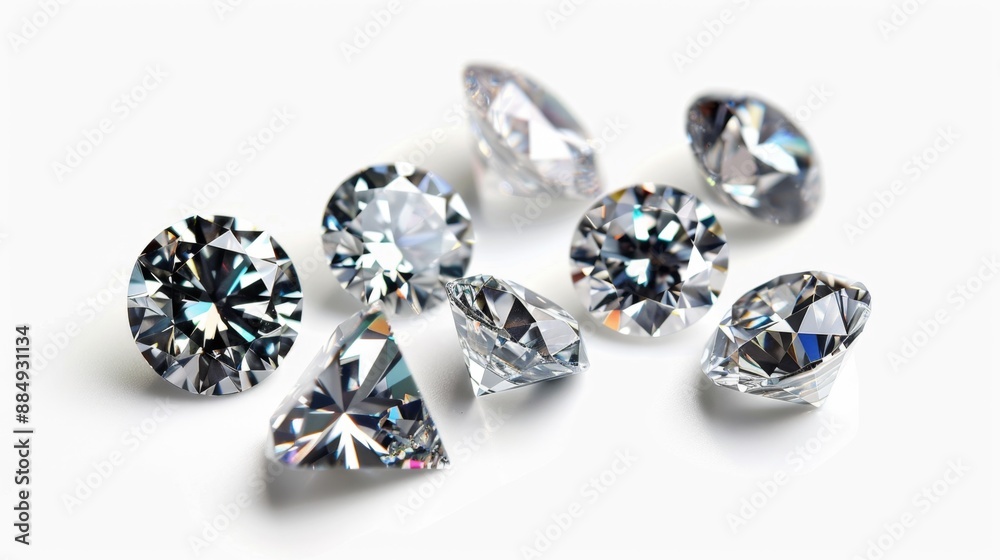 Assorted diamonds of different cuts and sizes on white background Assorted diamonds of different cuts and sizes on white background