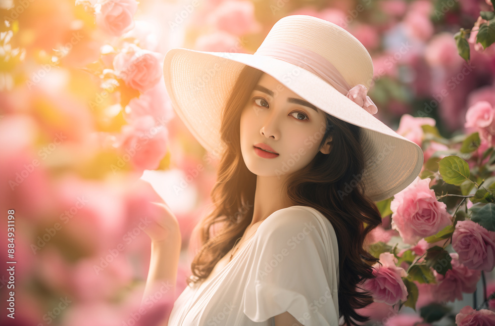 Elegant Woman In White Dress And Wide-Brimmed Hat Surrounded By Blooming Pink Roses Elegant Woman In White Dress And Wide-Brimmed Hat Surrounded By Blooming Pink Roses