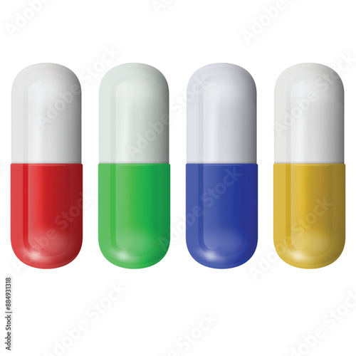 Four colorful capsules red, green, blue, yellow white tops. Vector illustration