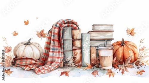 watercolor still life painting of books, pumpkin and a cup of coffee in brown tones, fall scene