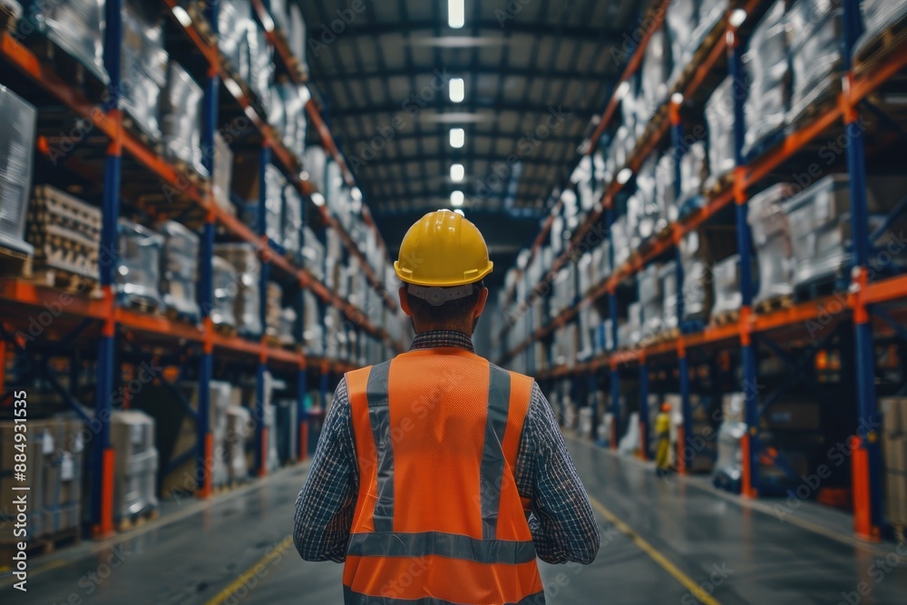 Rear view of male engineer wearing safety vest and hardhat in warehouse. This is a freight transportation and distribution warehouse. Industrial and industrial workers concept Rear view of male engineer wearing safety vest and hardhat in warehouse. This is a freight transportation and distribution warehouse. Industrial and industrial workers concept