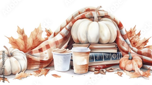 watercolor still life painting of books, pumpkin and a cup of coffee in brown tones, fall scene