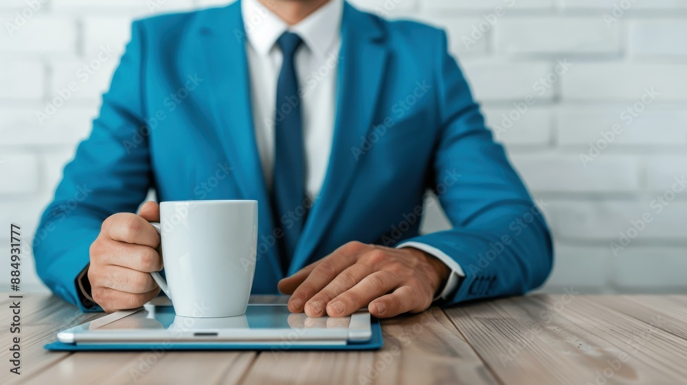 Entrepreneur in a suit brainstorming with a notebook, sitting at an office table. Entrepreneur in a suit brainstorming with a notebook, sitting at an office table.
