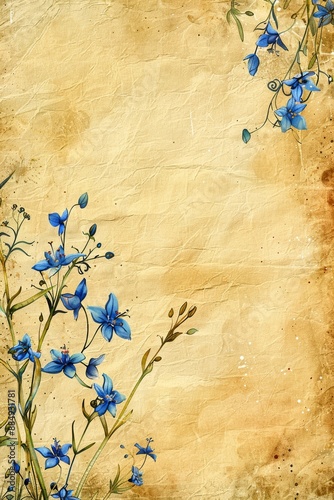 watercolor vintage scrapbook junk journal page, copy space in center, watercolor clipart of Bluebells at corner border on parchment paper, vintage art, for Junk Journal, Digital Paper, Printable