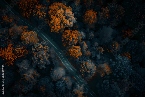 Aerial top view, mountaint road in dark green forest,  photo