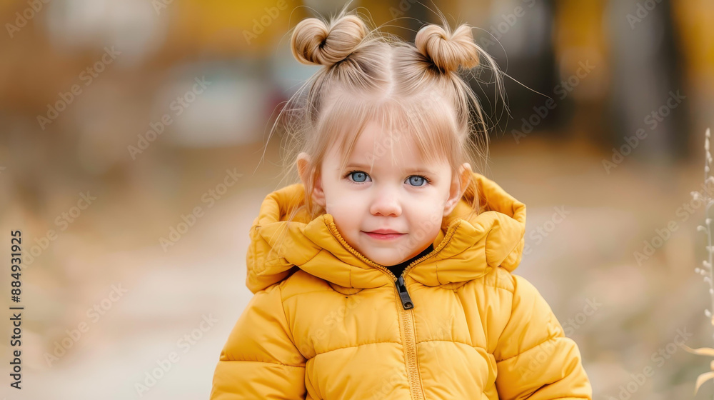 Adorable girl with blonde pigtails in a jacket, standing against an autumn backdrop. Adorable girl with blonde pigtails in a jacket, standing against an autumn backdrop.