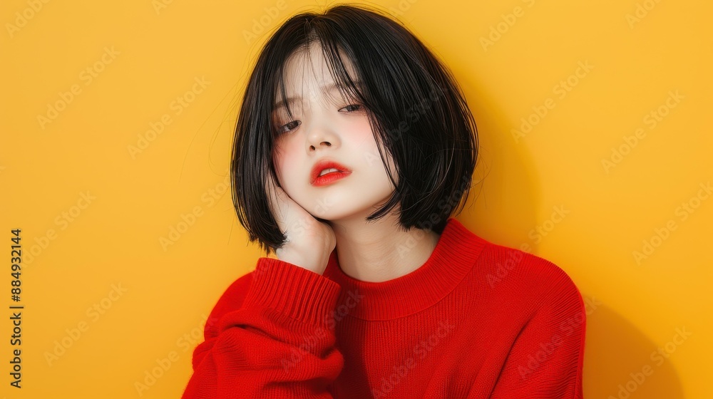 Beautiful portrait of a young Asian woman with black hair against a yellow background.
