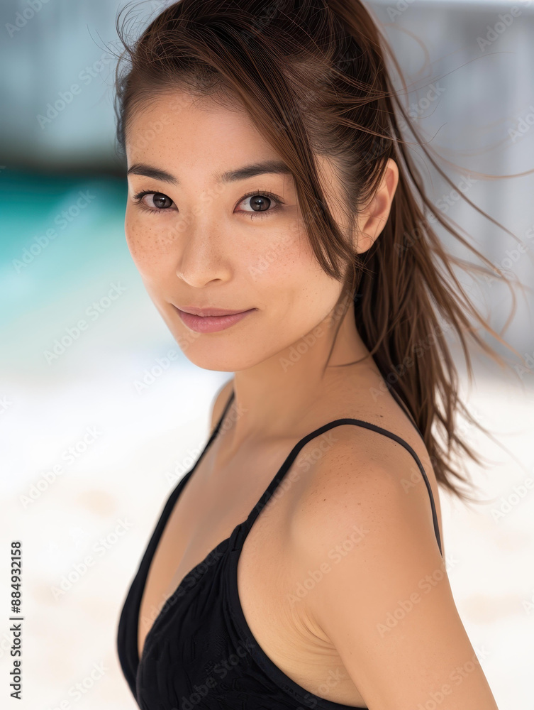 Capture a realistic beach scene on a sunny day with sand and sea. Photo features a yearold Asian woman in an elegant black dress. Capture a realistic beach scene on a sunny day with sand and sea. Photo features a yearold Asian woman in an elegant black dress.