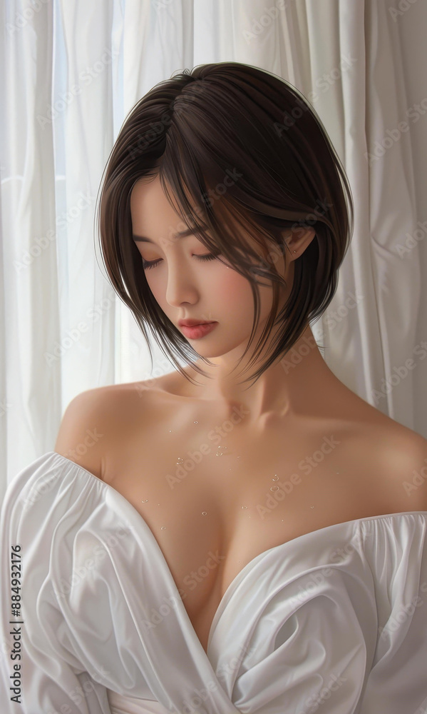 Short haired Chinese girl arranging wet hair in mens shirt by window with white curtains, reflecting serene morning beauty. Short haired Chinese girl arranging wet hair in mens shirt by window with white curtains, reflecting serene morning beauty.